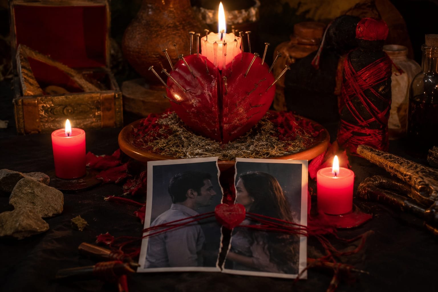 Foto de pareja rota unida con hilo rojo sobre corazón con alfileres