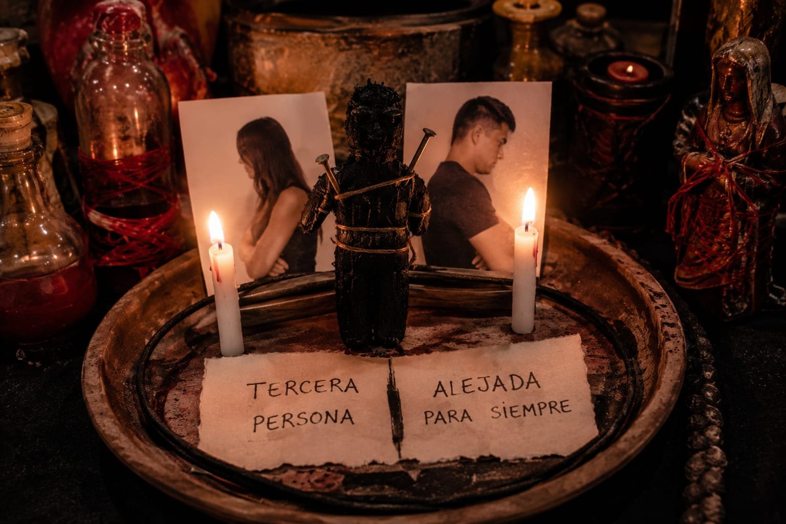 Muñeco ritual atado entre fotos de la pareja y velas encendidas
